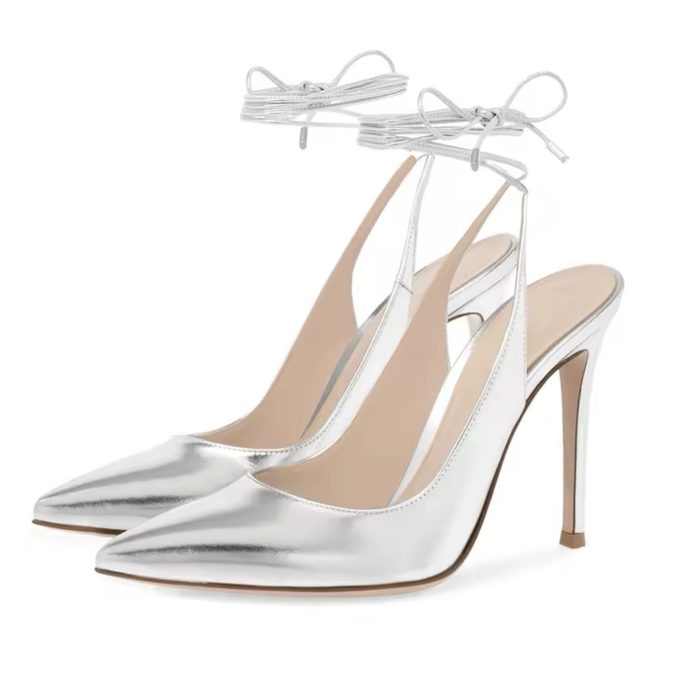 Metallic silver stiletto pump ankle tie. Size US 5.5